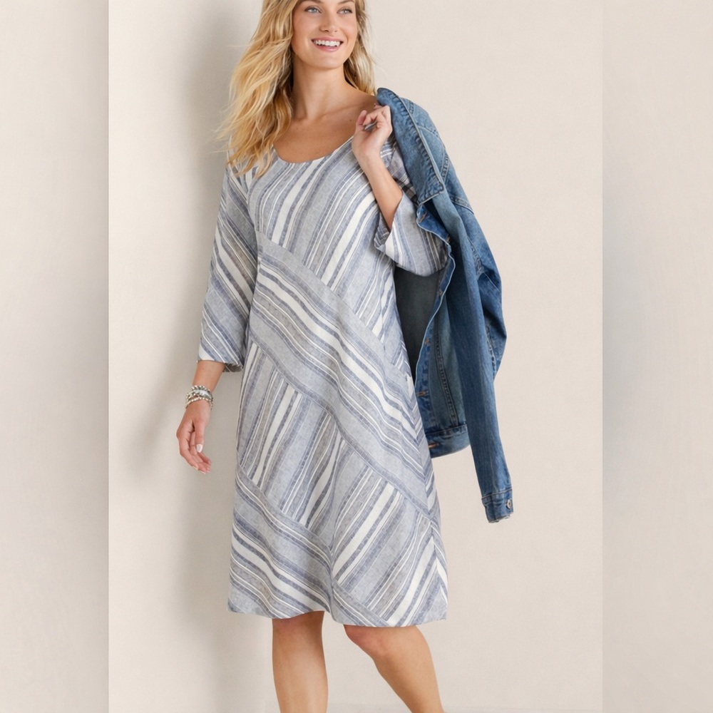 Soft Surroundings Sonya Linen Viscose Blend Dress 2XL Blue White Striped Panel